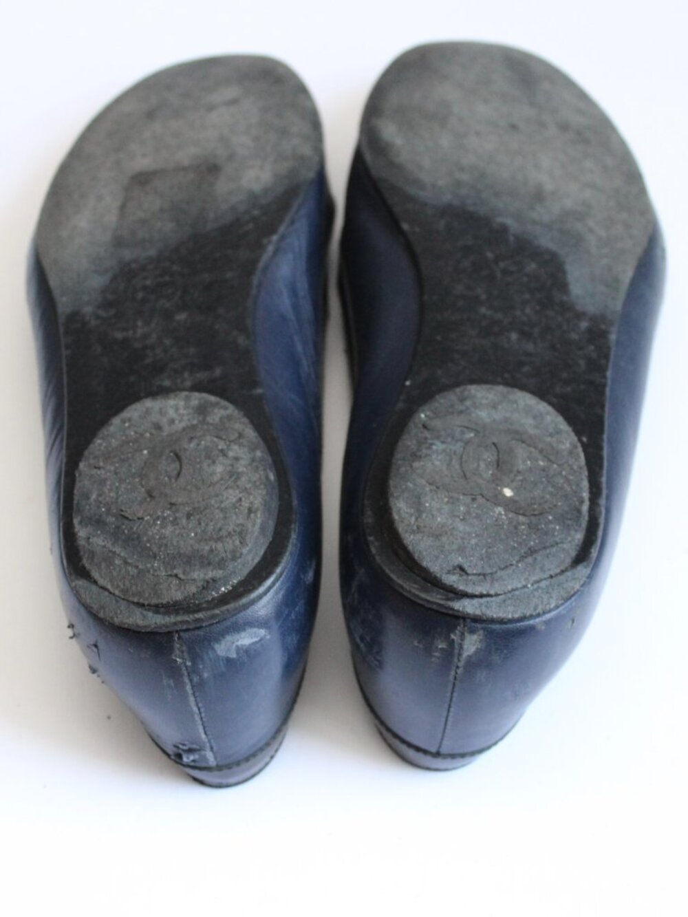 CHANEL Leather Logo Black Navy Blue Ballerina Cap Toe Flats Size 35.5 / 5 US - Picture 13 of 13